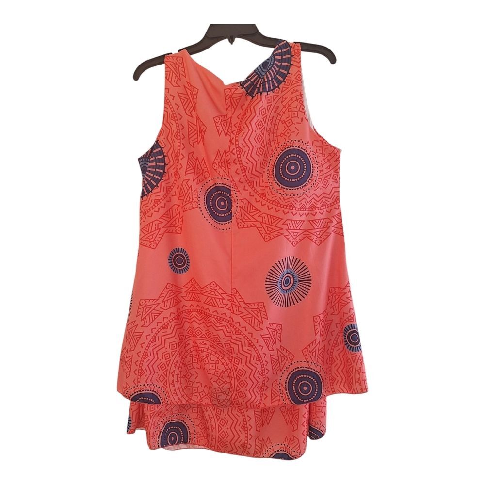 Two Layered Silky Lined Tank Dress Orange Bold Aztec Sphere Print M Pullover EUC - Picture 2 of 12